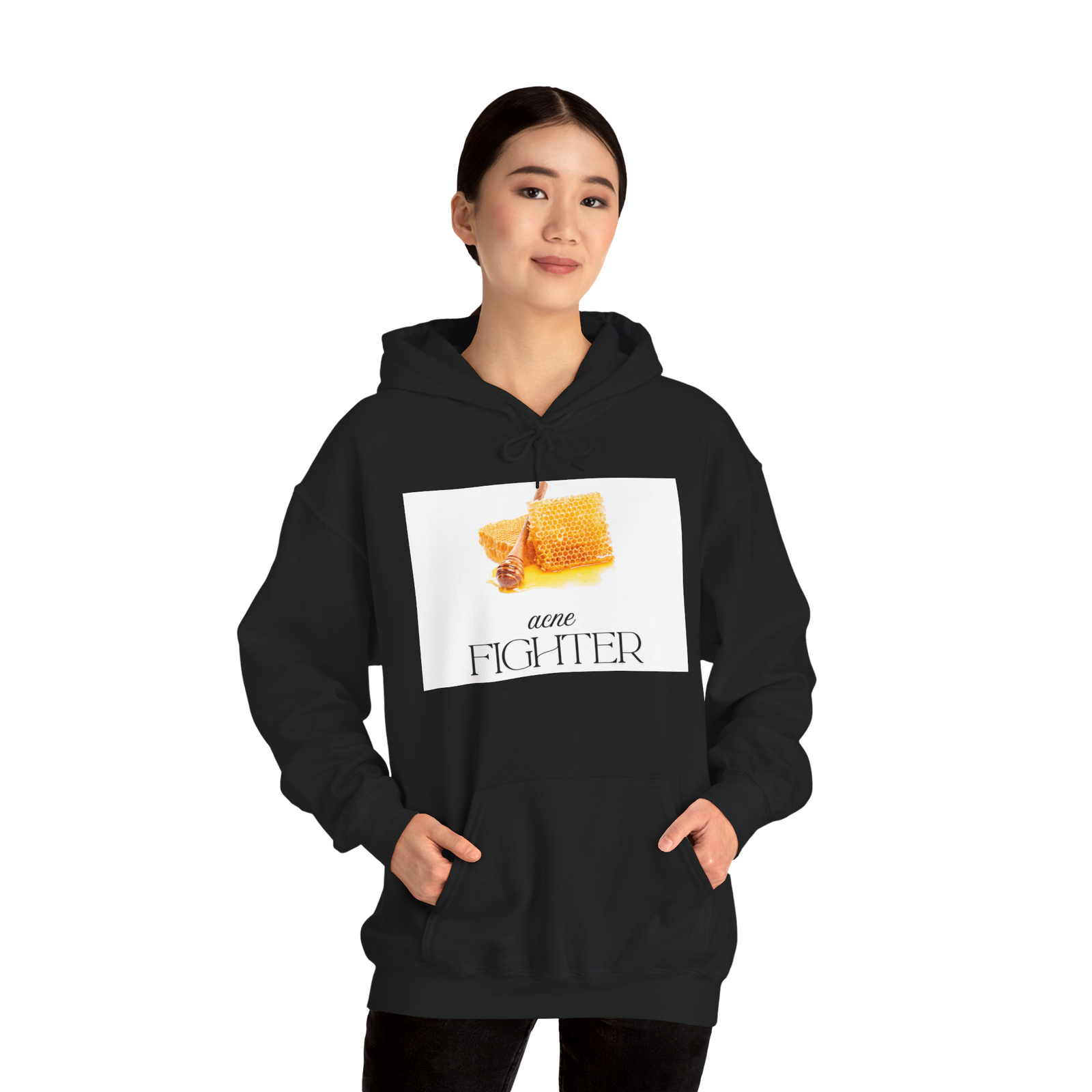 female with black hoodie with text written on hoodie